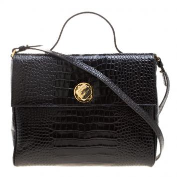 Pre Owned Cerruti 1881 Black Croc Embossed Leather Cerrutis Top Handle Bag
