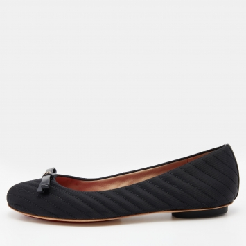 Pre Owned CH Carolina Herrera Black Fabric and Leather Bow Ballet Flats Size 38