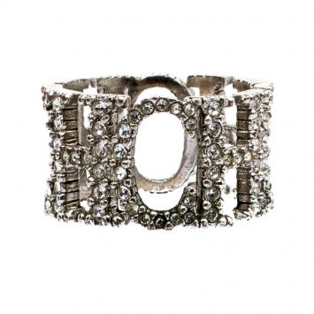 Pre Owned CH Carolina Herrera Crystal Studded Logo Silver Tone Ring Size 54