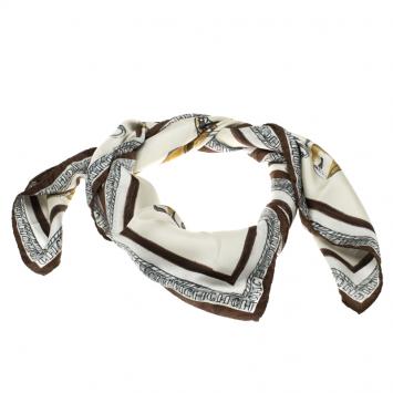 Pre Owned CH Carolina Herrera Cream Lock and Key Print Silk Square Scarf