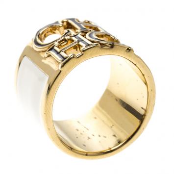 Pre Owned CH Carolina Herrera Logo White & Black Enamel Gold Tone Wide Band Ring Size 54