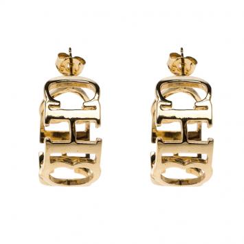Pre Owned CH Carolina Herrera Logo Heart Gold Tone Hoop Earrings