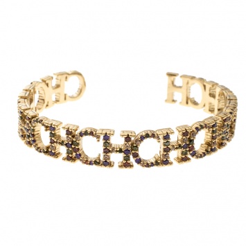 Pre Owned CH Carolina Herrera Logo Multicolored Crystals Gold Plated Open Cuff Bracelet