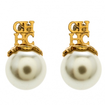Pre Owned CH Carolina Herrera Logo Faux Pearl Gold Tone Earrings