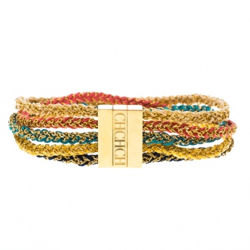 Pre Owned CH Carolina Herrera Logo Multicolored Woven Gold Tone Wide Bracelet 17cm
