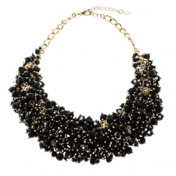 Pre Owned CH Carolina Herrera Black Beads Gold Tone Statement Necklace