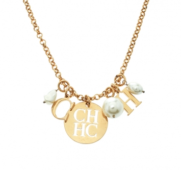 Pre Owned CH Carolina Herrara Faux Pearl Gold Tone Moving Charm Long Necklace