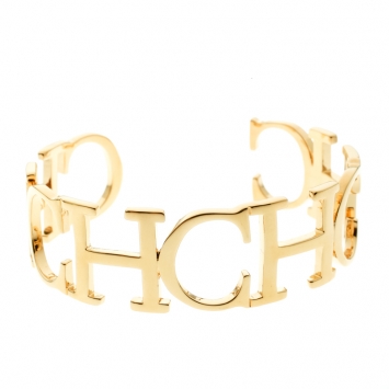 Pre Owned CH Carolina Herrera Logo Gold Tone Open Cuff Bracelet