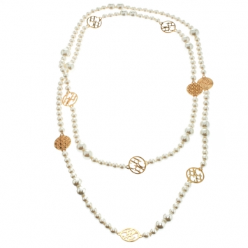 Pre Owned CH Carolina Herrera Faux Pearl Gold Tone Long Station Necklace