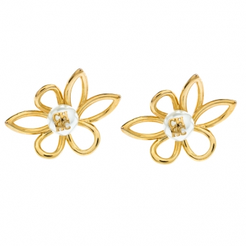 Pre Owned CH Carolina Herrera Faux Pearl Embedded Jasmine Gold Tone Stud Earrings