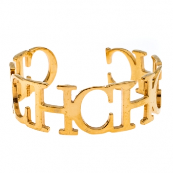 Pre Owned CH Carolina Herrera Logo Gold Tone Open Cuff Bracelet