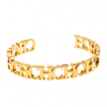 Pre Owned CH Carolina Herrera Logo Gold Tone Open Cuff Bracelet
