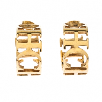 Pre Owned CH Carolina Herrera Logo Gold Tone Hoop Earrings
