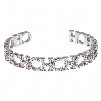 Pre Owned CH Carolina Herrera Crystal Logo Silver Tone Open Cuff Bracelet