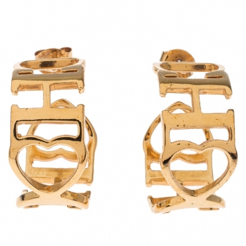 Pre Owned CH Carolina Herrera Logo Heart Gold Tone Hoop Earrings