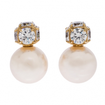 Pre Owned CH Carolina Herrera Crystal & Faux Pearl Gold Plated Drop Earrings