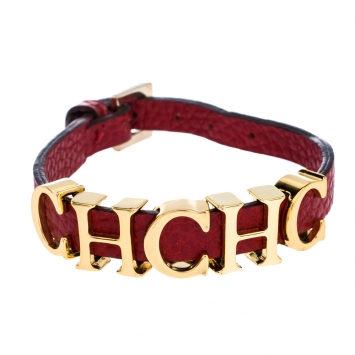 Pre Owned CH Carolina Herrera Red Leather Gold Tone Logo Charm Bracelet
