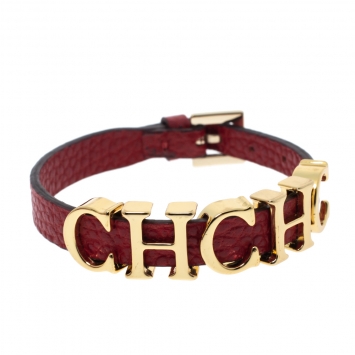 Pre Owned CH Carolina Herrera Red Leather Gold Tone Logo Charm Bracelet
