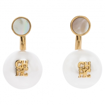 Pre Owned CH Carolina Herrera Faux Pearl Gold Tone Long Post Stud Earrings