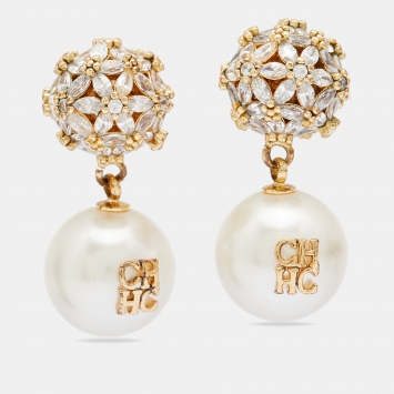 Pre Owned CH Carolina Herrera Bonquet Jasmine Faux Pearl & Crystal Drop Earrings