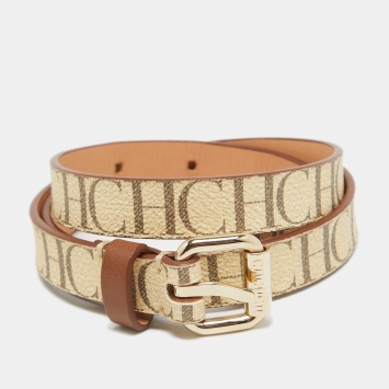 Pre Owned CH Carolina Herrera Beige/Brown Monogram Coated Canvas Slim Belt 80 CM