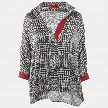 CH Carolina Herrera Black Houndstooth Print Satin Loose Fit Blouse XS
