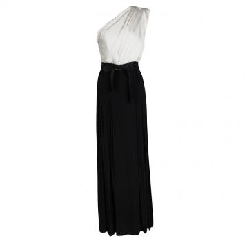 Pre Owned Carolina Herrera Monochrome Silk One Shoulder Belted Draped Evening Dress M