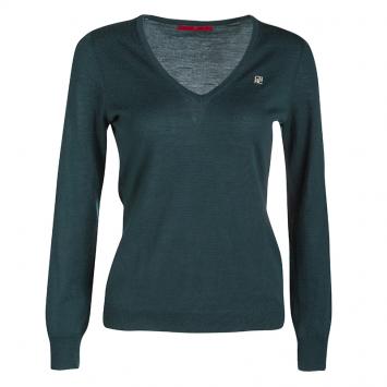 Pre Owned CH Carolina Herrera Bottle Green V Neck Wool Sweater XS