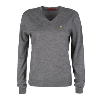 Pre Owned CH Carolina Herrera Grey Wool Logo Embroidered V-Neck Sweater M
