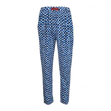 Pre Owned CH Carolina Herrera Blue And White Check Printed Silk Elasticized Waist Pants S
