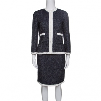 Pre Owned CH Carolina Herrera Navy Blue Textured Contrast Trim Detail Skirt Suit S