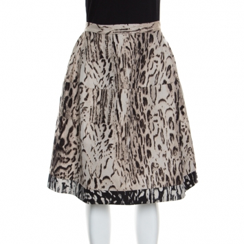 Pre Owned CH Carolina Herrera Beige Leopard Pattern Jacquard Skirt S