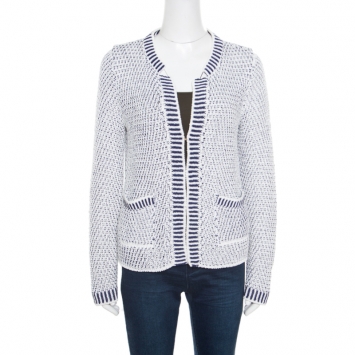 Pre Owned CH Carolina Herrera White and Navy Blue Textured Jacket M