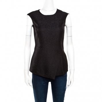 Pre Owned CH Carolina Herrera Black Floral Embossed Jacquard Asymmetric Peplum Top S