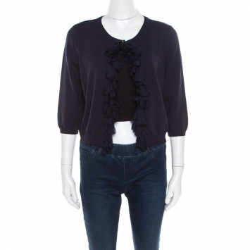 Pre Owned CH Carolina Herrera Navy Blue Knit Ruffle Detail Cropped Cardigan L