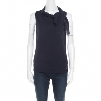Pre Owned CH Carolina Herrera Navy Blue Knit Draped Neck Sleeveless Top M