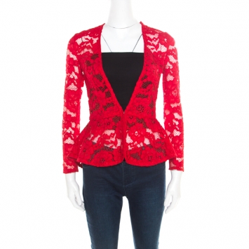 Pre Owned CH Carolina Herrera Red Floral Lace Jacket S
