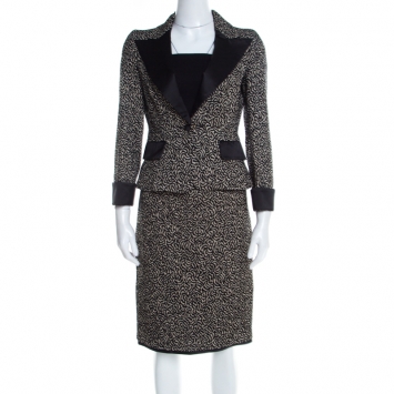 Pre Owned CH Carolina Herrera Monochrome Embossed Jacquard Satin Trim Skirt Suit S