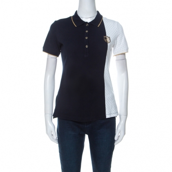 Pre Owned Carolina Herrera Navy Blue and White Polka Dot Colorblock Knit Polo T Shirt S 