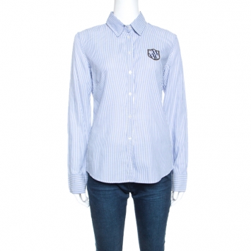 Pre Owned Carolina Herrera Blue Striped Cotton Crest Embroidered Button Front Oxford Shirt M