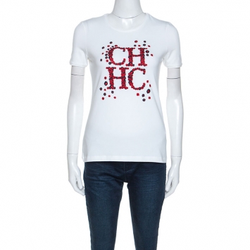 Pre Owned CH Carolina Herrera White Floral Logo Embroidered Stretch Cotton Top XS