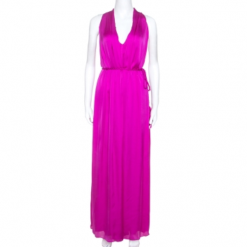 Pre Owned Carolina Herrera Magenta Silk Keyhole Back Detail Sleeveless Dress L