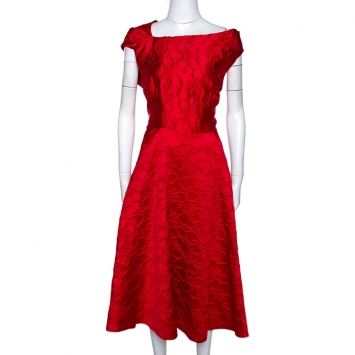 Pre Owned CH Carolina Herrera Red Floral Embossed Asymmetric Neck Flared Dress L