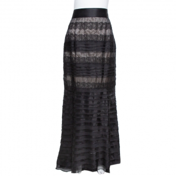 Pre Owned CH Carolina Herrera Black Silk & Lace Trim Layered Maxi Skirt L