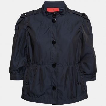 Pre Owned CH Carolina Herrera Navy Blue Synthetic Cropped-Sleeve Peplum Jacket L