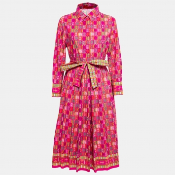 Pre Owned CH Carolina Herrera Pink Printed Cotton Belted Midi Shirt Dress L
