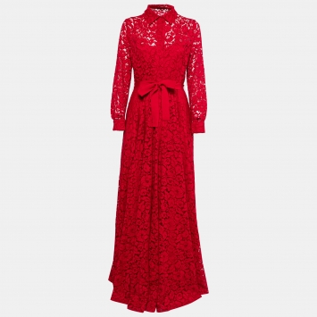 مملوكة مسبقًا CH Carolina Herrera Red Lace Belted Maxi Shirt Dress M