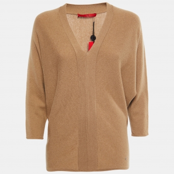 Pre Owned CH Carolina Herrera Tan Brown Wool V-Neck Sweater Top XS