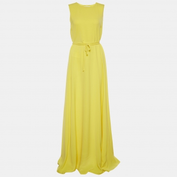 Pre Owned CH Carolina Herrera Yellow Crepe Sleeveless Belted Maxi Dress S
