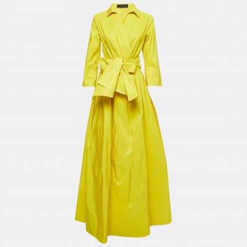 Pre Owned CH Carolina Herrera Yellow Synthetic Pleated Maxi Wrap Dress L